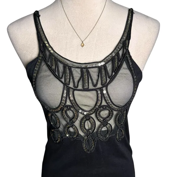 Black Sheer Mesh Embellished‎ Tank Top Boho Festival Goth Y2K Spaghetti Strap - Image 5