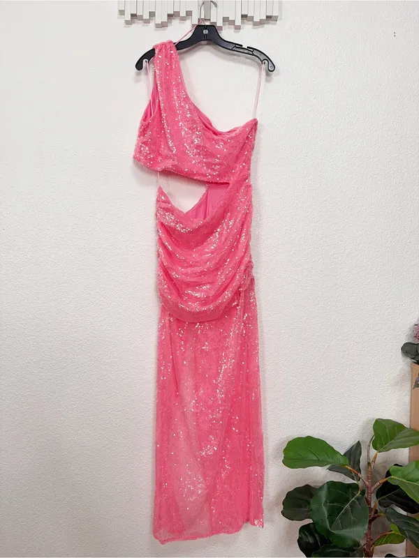 Luxxel NWT Barbie Pink Sequin One Shoulder Cutout Maxi Dress L - Image 10