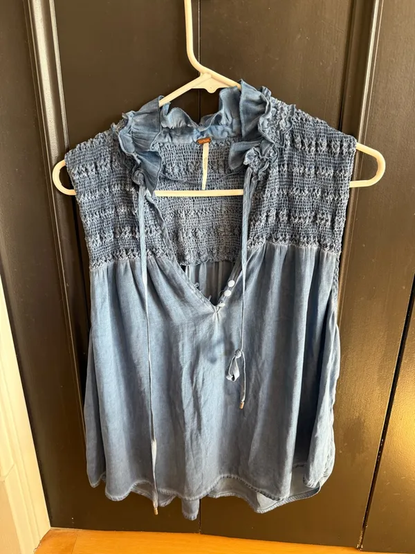 Free People Washed Denim Blue Smocked Ruffle Tie-Front Camisole - Image 4