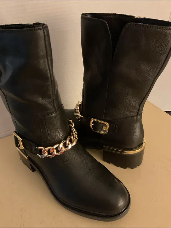 Vince Camuto women Black Leather biker moto Mid-Calf with Gold Chain boots US 8 - Image 12