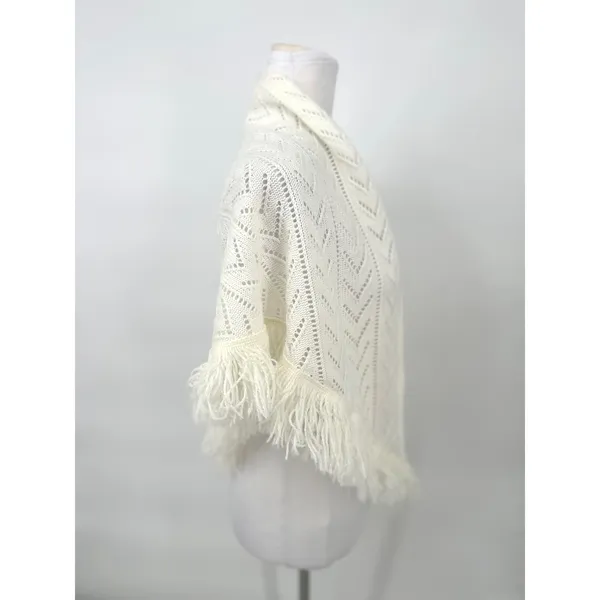 Vintage Shawl Wrap Women OS Ivory Pointelle Knit Fringe Crochet Boho Grannycore - Image 5