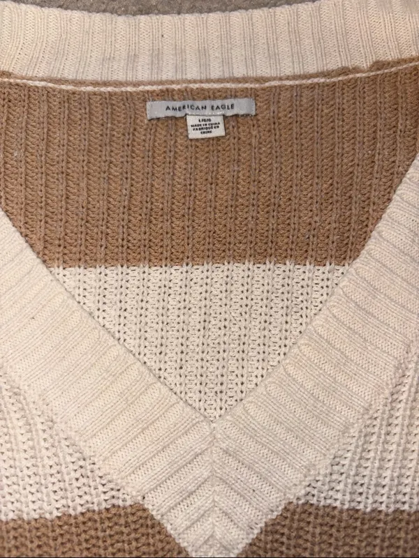 American Eagle V-Neck Striped Knit Sweater in Cream and Brown - Image 2