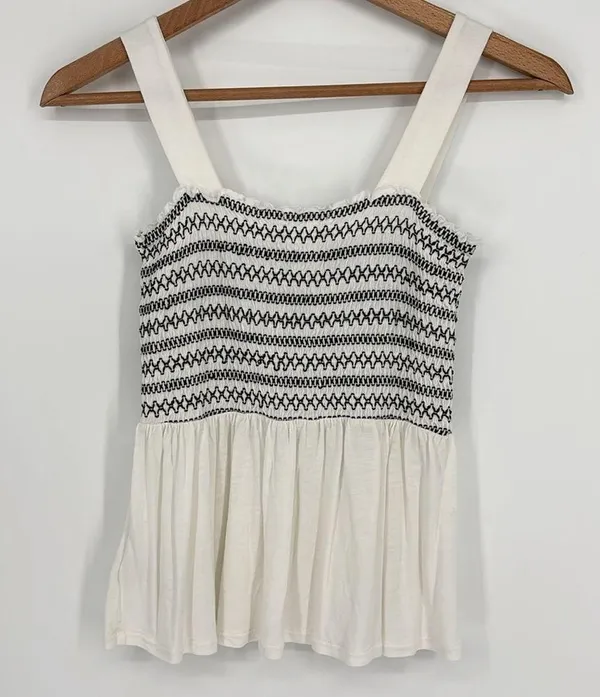 H&M Smocked Babydoll Tank Top Size XS in White & Black - Image 5
