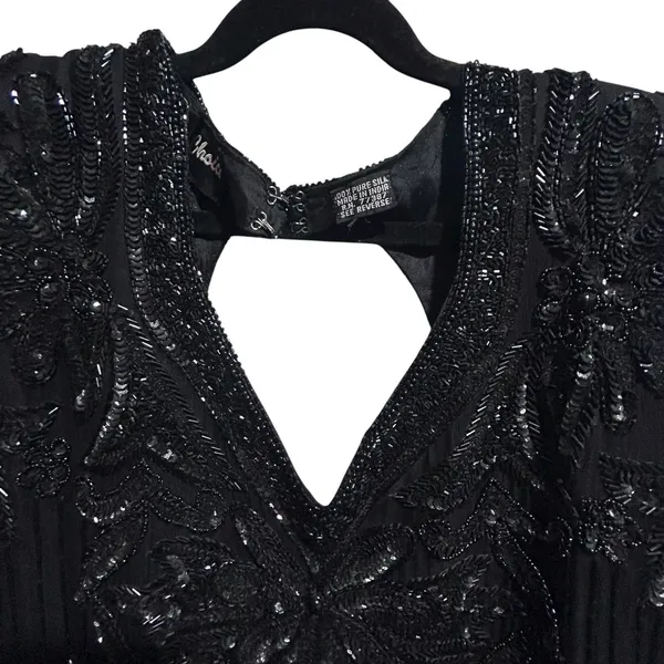 Vintage Right Choice Silk Beaded Gown Black Evening Dress 1980s Made in India‎ - Image 6