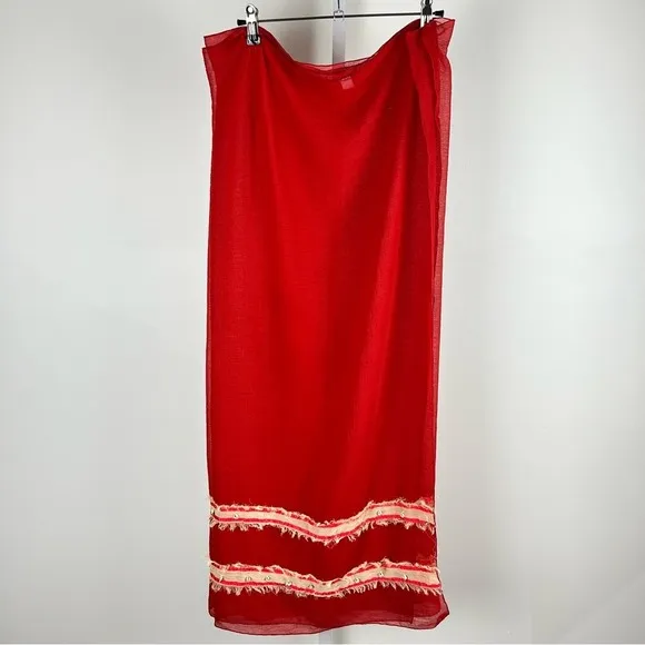 Red Sheer Sarong | Beach‎ Cover-Up | Boho Fringe & Shell Detail Summer Pool Fun - Image 2