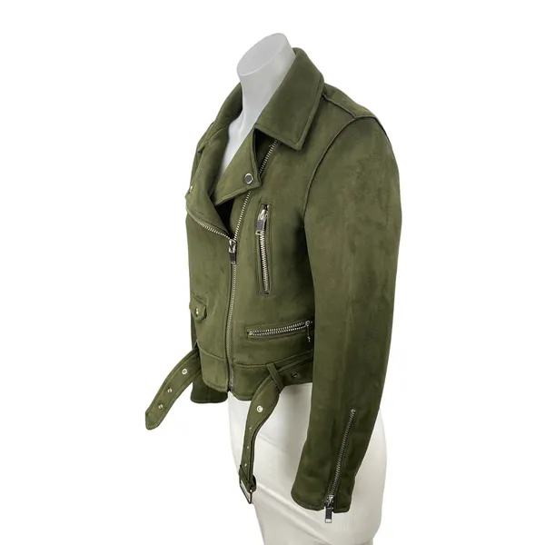 Zara Women's Green Faux Suede Belted Full Zip Crop Moto Biker Coat Jacket Size M - Image 3