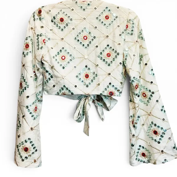 Anthropologie BLITHE Mirror Geo‎ Long Sleeve Tie Front Top & Shorts Set New S - Image 4