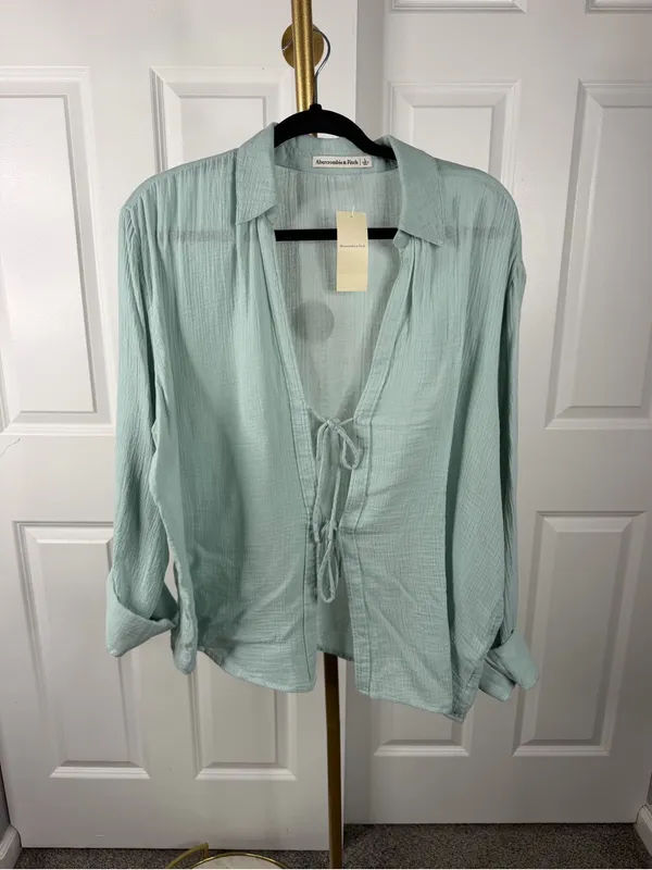 Abercrombie & Fitch NWT Mint Green Cotton Tie Front Gauze Shirt Sz L - Image 2