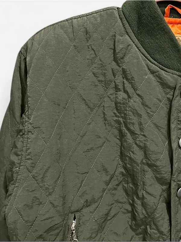Vintage 90s Liz Wear Chic Army Green Quilted Nylon Bomber Jacket Small - Image 7