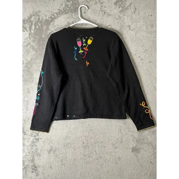 Vintage 90s Black Cocktail Martini Embroidered Cardigan Quirky Sweater Large - Image 3