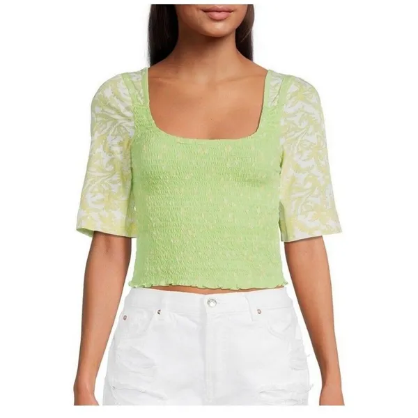 Free People Marigold Smocked Crop Top Key‎ Lime Green SS Size Large NWT - Image 11