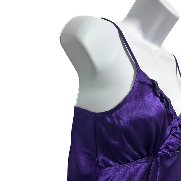 Purple Satin Babydoll Cami Top L Y2K Ruffle Trim Empire‎ Waist Romantic Coquette - Image 5