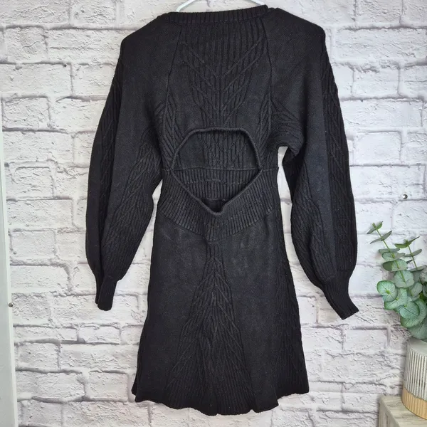 Free People Emmaline Mini Sweater Dress Black XS Cable Knit Balloon Sleeve Fall - Image 6