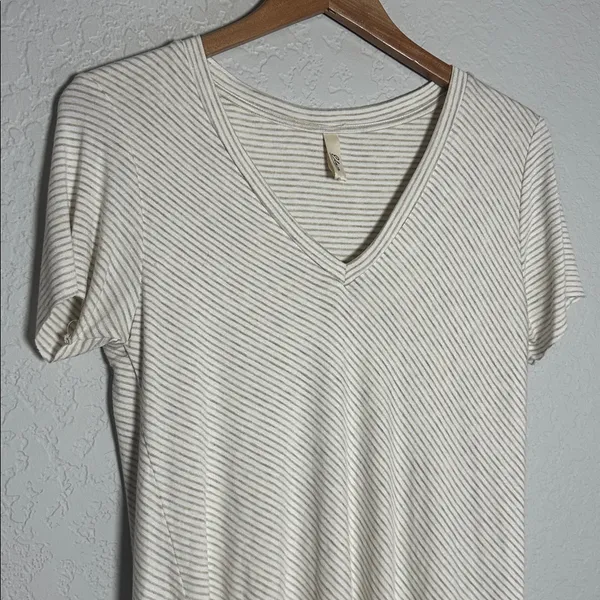 Elan Cream Striped V Neck Short Sleeve Tee Double Layer Soft Asymmetrical Top - Image 2