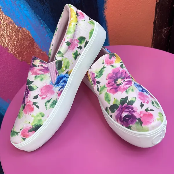 Christian Siriano Womens 7.5 Slip On‎ Sneakers Pink Floral Platform EUC - Image 5