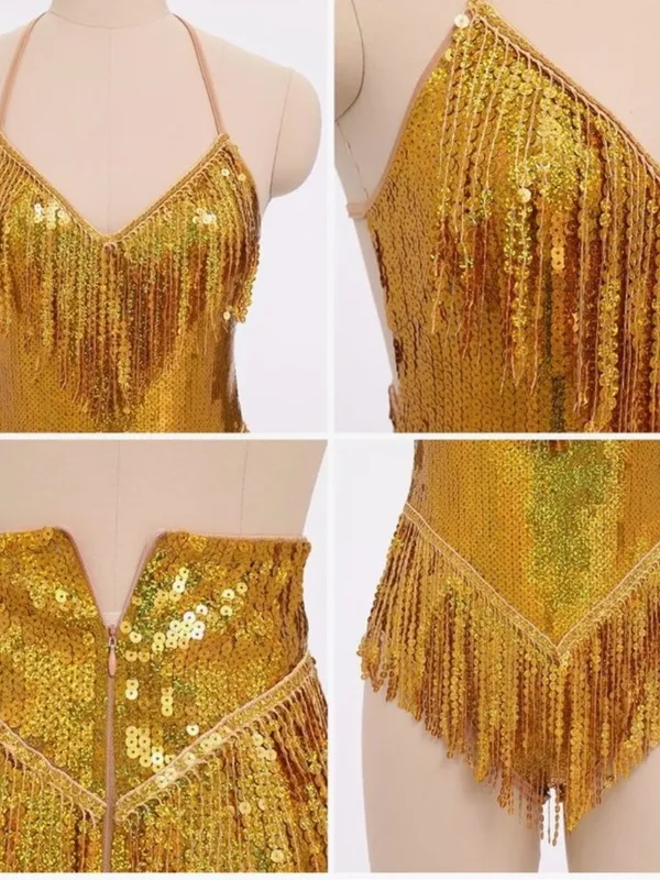 Sparkly Fringe Dress Glitter Tassel Latin Dance Dress V-Neck bodysuit costume - Image 4