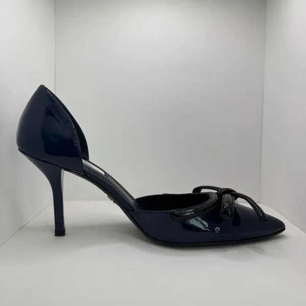 Prada Vintage 2000s Navy Patent Leather Bow D’Orsay Heels Italy 38 New with Box - Image 13