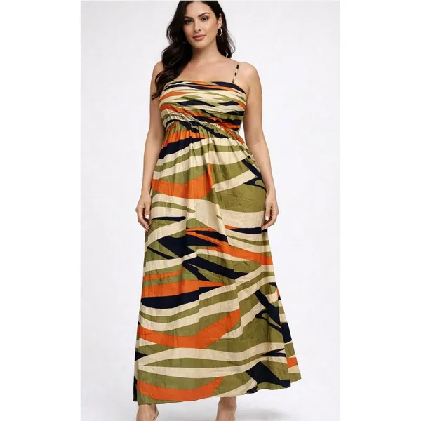 Sam and Jess Olive Drab Abstract Print Maxi Dress Tie Front Spaghetti‎ Straps XL - Image 11