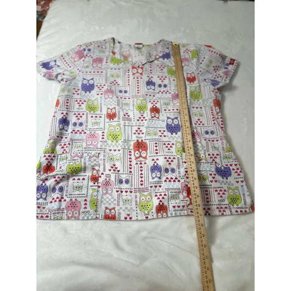 Dickies Womens Owl Print Scrub Top White Multicolor V-Neck Short Sleeve XL - Image 7
