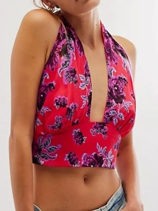 Free People Summer in Sicily Crop Blouse with Pink Pattern Trim - Image 4