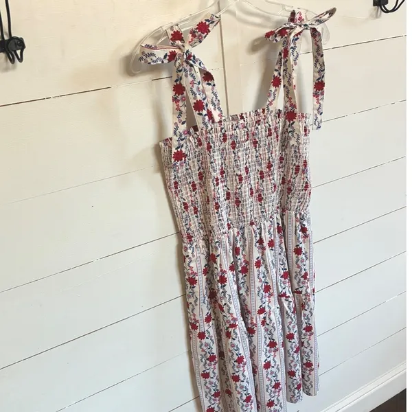 Joie Floral Smocked Tiered‎ Midi Sundress Tie Shoulder Red Blue White Medium - Image 10