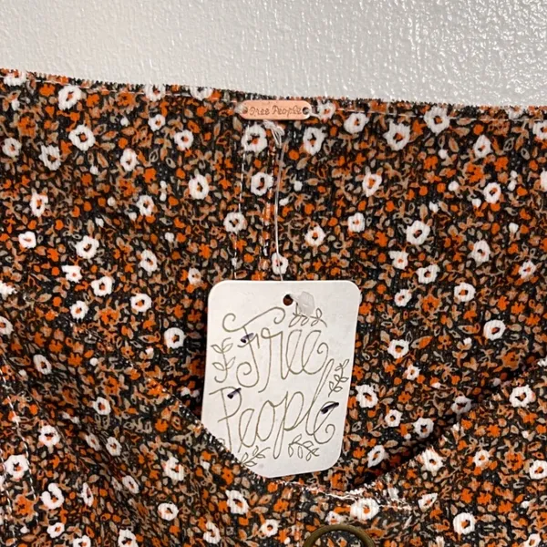 NWT Free People Call Me Cord Corduroy Mini Dress Size 6 Brown Floral Puff Sleeve - Image 4