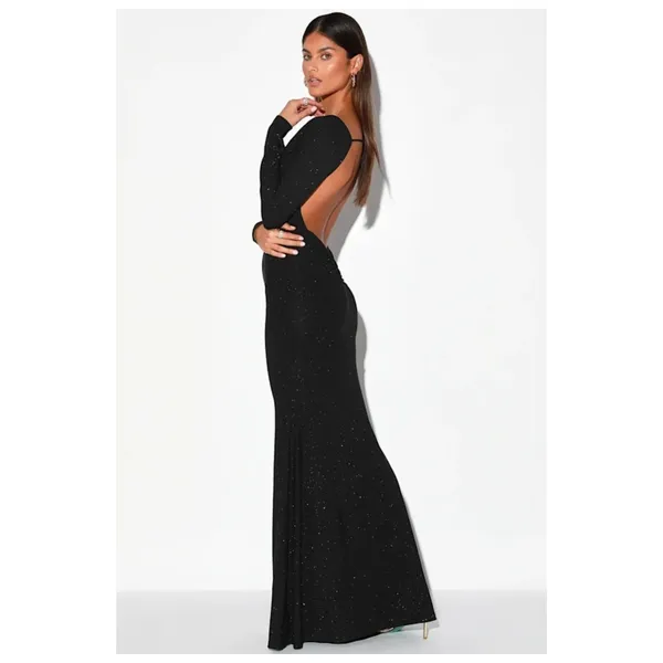 NWT Lulus Glamorous in Glitter Black Long Sleeve Backless Maxi Dress Gala Sz XS - Image 2