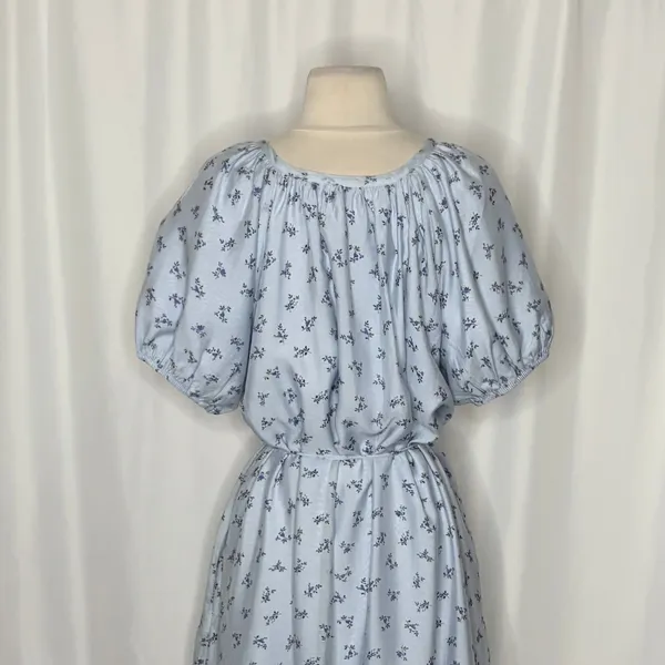 ROOLEE Wandering Free Blue Floral Dress Midi Tie Waist Buttons Raglan Small - Image 9