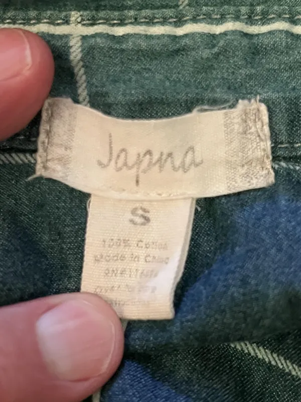 Japna Shirt Womens Small Blue Chambray Windowpane Plaid Button Down Long Sleeve - Image 5