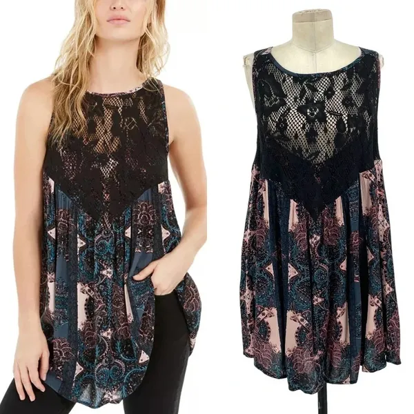 Free People Count Me In Trapeze Tunic Top Black Lace Pink Size Small‎ - Image 2