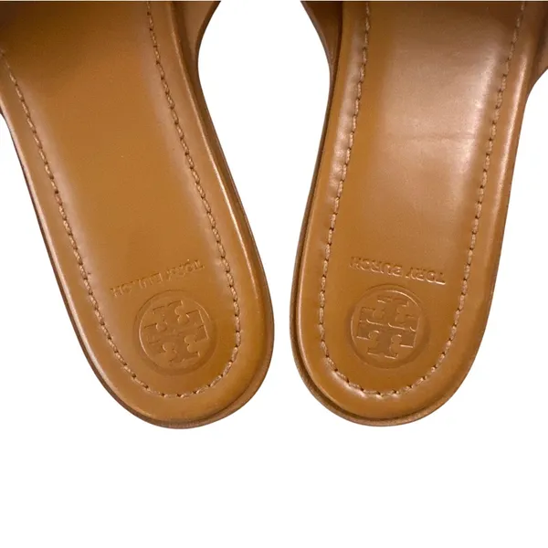 Tory Burch Ines Multi Strap Slides‎ Tan Blue White Leather Sandals 11 - Image 3