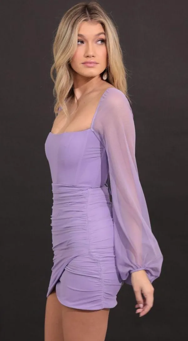 Lucy in the Sky Power Mesh Long Sleeve Dress in Purple - Image 3