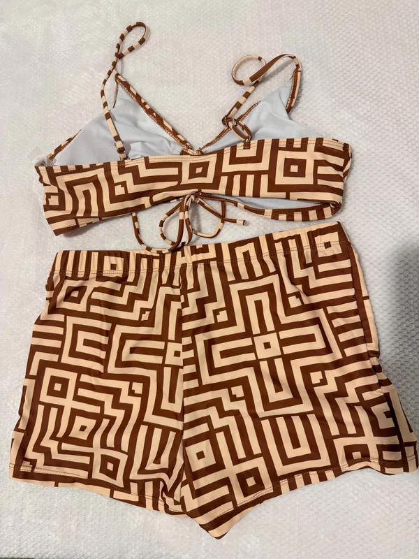 Women’s Brown/Beige Geometric 2pc Bikini Top w/ Swim Shorts L - Image 2