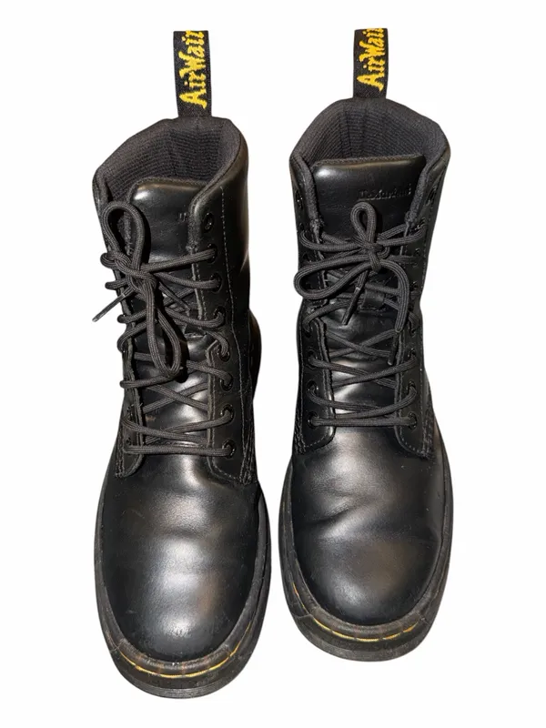 Dr. Martens Black Leather Combat Boots with Yellow Stitching - Image 2