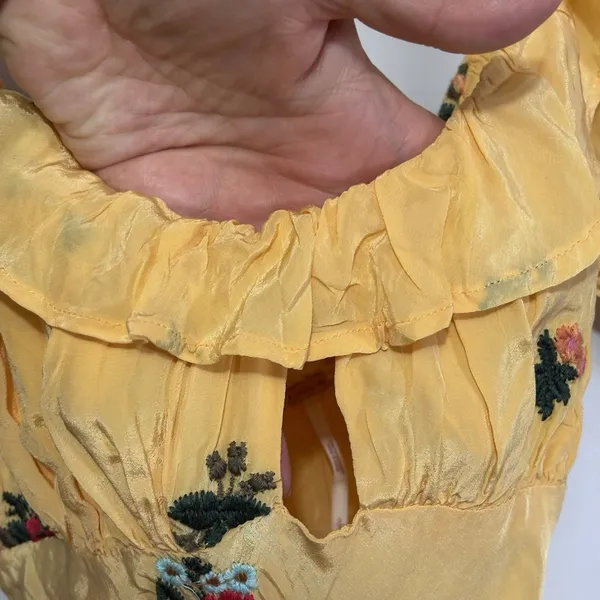 Free People Bali Santa Cruz Ruffle Maxi Dress S Yellow Floral Puff Sleeve Boho - Image 9