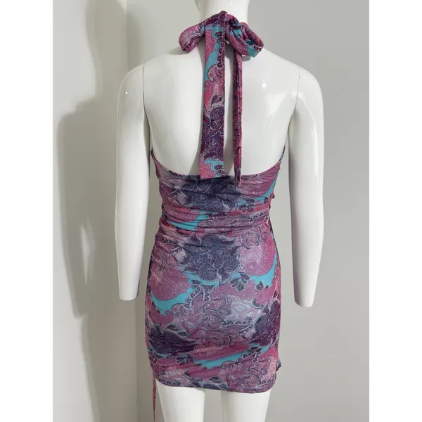 Edikted Women Pink Blue Paisley Mesh Halter Neck Cut Out Ruched Mini Dress Y2K S - Image 6
