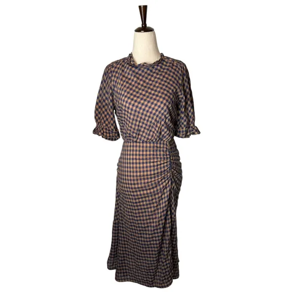 MINE Gingham Midi Dress Women Small Orange Blue Ruched Puff Sleeve Preppy Retro - Image 2