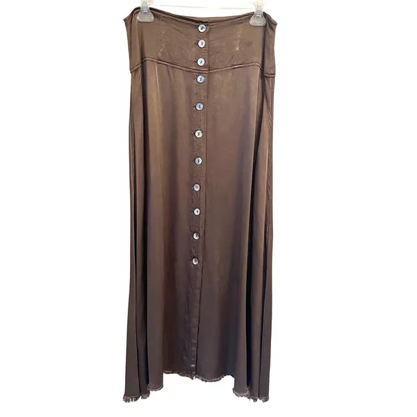 Raquel Allegra Satin Maxi Skirt L Button Front Boho Indie Minimalist Moss Brown - Image 2