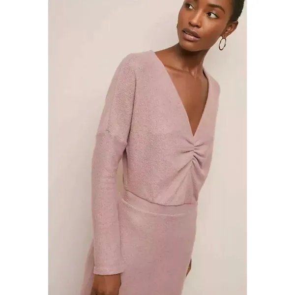 Anthropologie Eri+Ali Pink Knit V-neck Midi Long Sleeve Boho Sweater Dress Sz M - Image 8