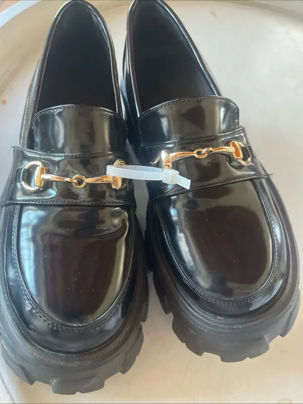 Princess Polly Black Patent Lug-Sole Loafers with Gold Bit - Image 2