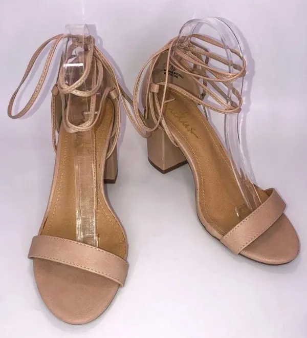 Lulus Open Toe Chunky Square Heel Lace up Calf Heels Nude Beige 7.5 Wore Once - Image 2