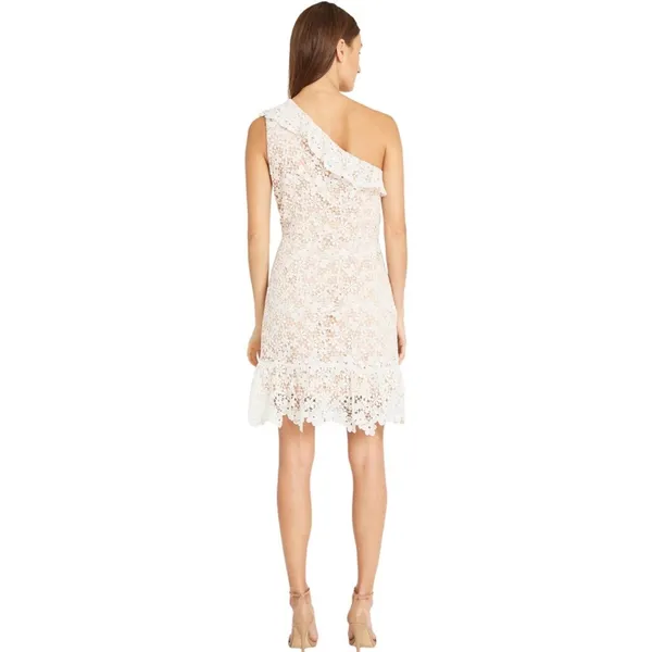 Donna Morgan White Floral Crochet Tan Lined One Shoulder Ruffle Mini Dress Sz 8 - Image 13