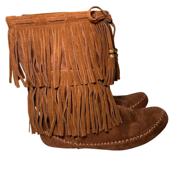 Mossimo Brown Suede Leather Fringe Moccasin Boots Womens 9 Faux Fur Lined Boho - Image 4