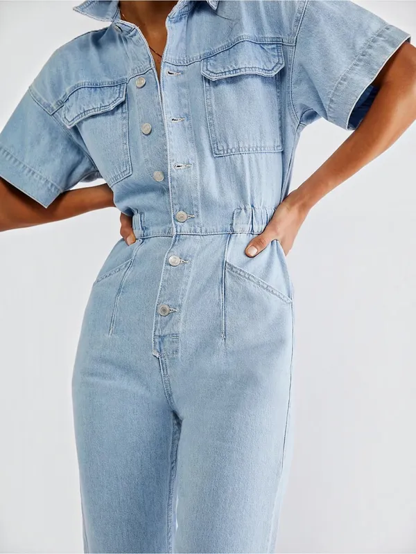 Free People We The Free Marci Coverall Sz XL Light Wash Denim Jumpsuit Utility - Image 8