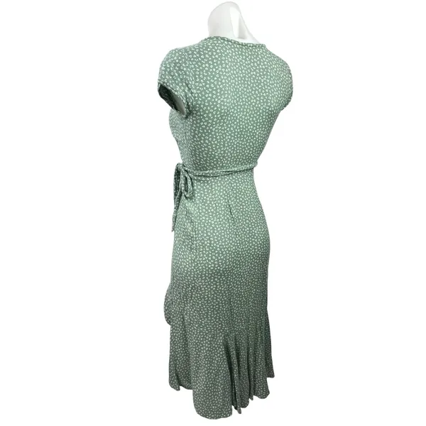 Abercrombie & Fitch Green Floral Ruffle Asymmetric V-neck Midi Wrap Dress Sz 2XS - Image 2