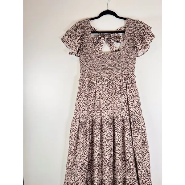 Revolve Majorelle Dress Beige Jade Maxi Cheetah Fit Flare Tiered Smocked Small - Image 6