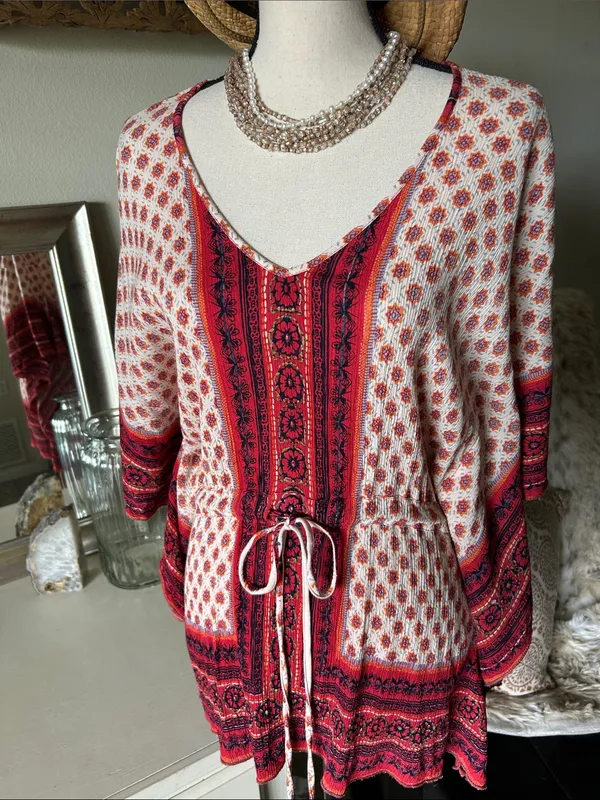 Angie cream, red floral, Boho V-neck, oversized festival tunic blouse M - Image 2