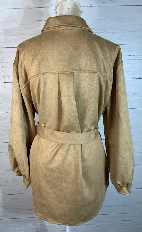 camel faux suede tie shacket size M women's - Image 6