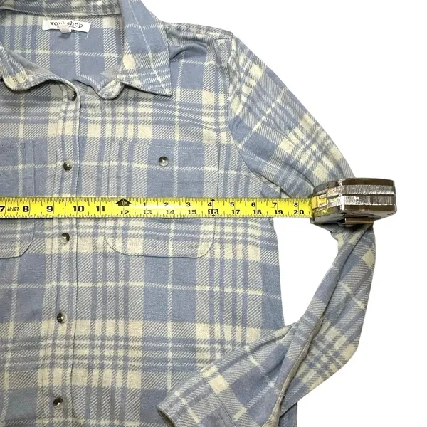 Workshop Republic Cabincore Soft Grunge Cozy Plaid Snap Front Shirt Blue Cream M - Image 4
