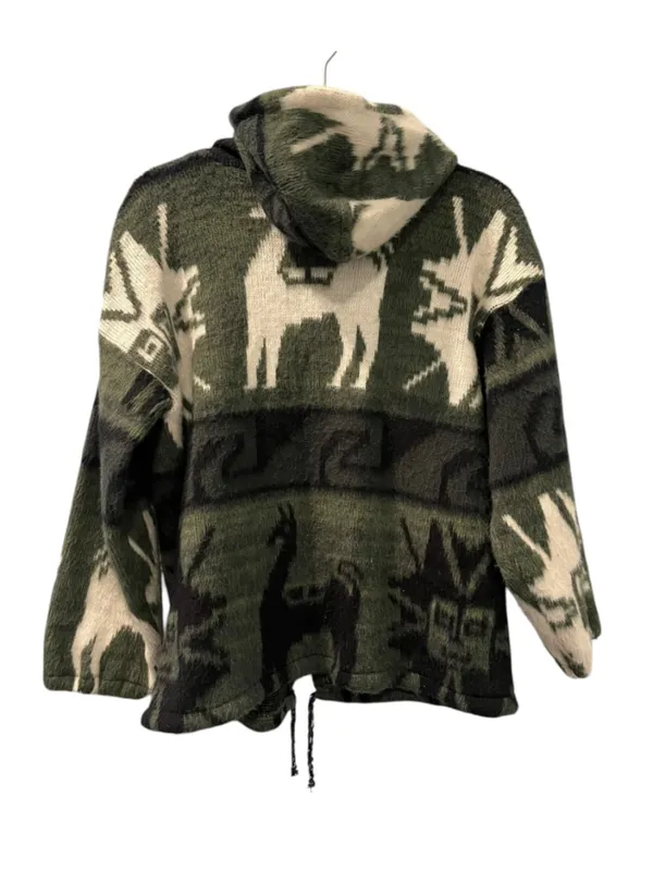 VTG Gensis Alpaca Wool Hooded Sweater Jacket Llama Aztec Green Small Stretch - Image 2